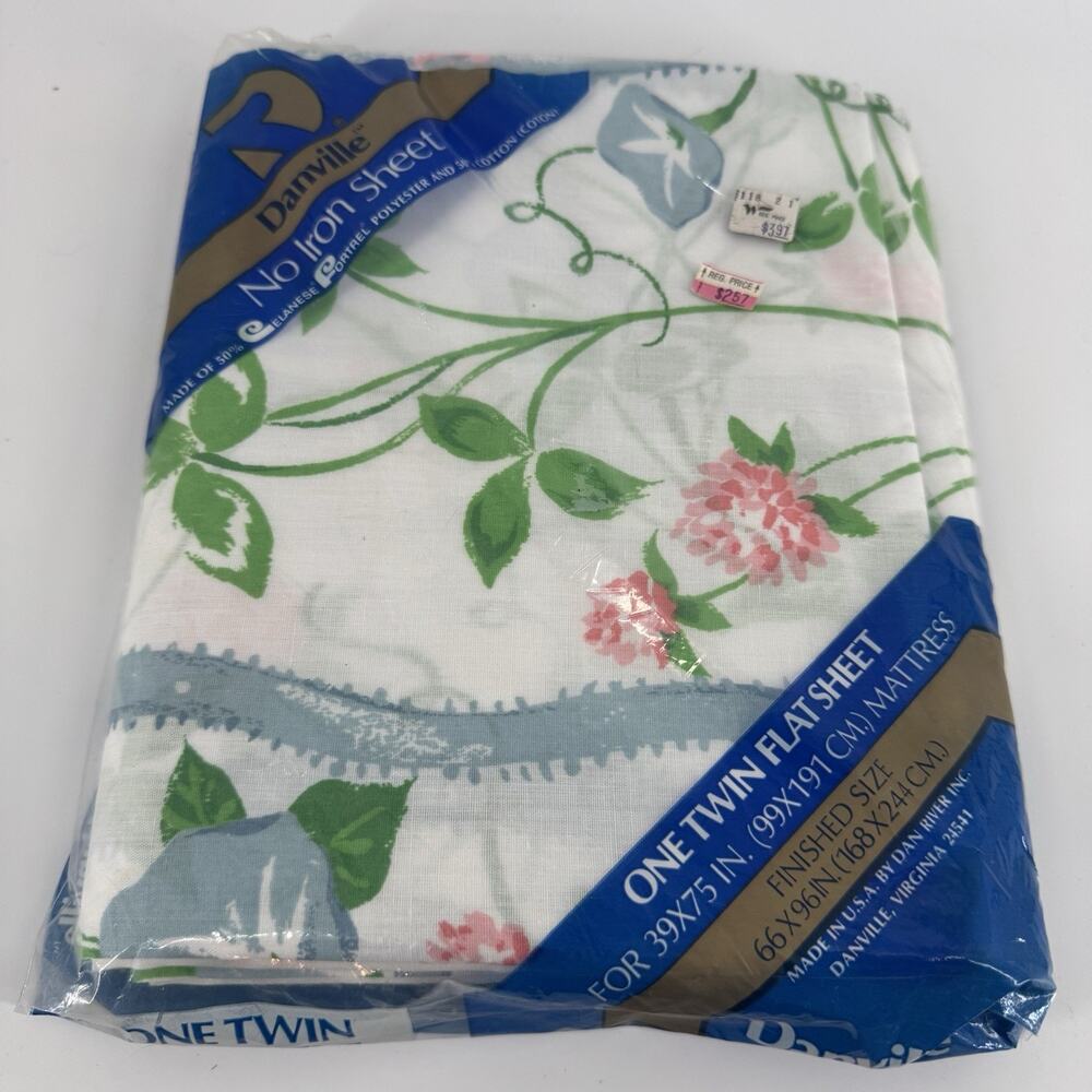 Vtg Danville Twin Flat Sheet “Ribbons & Clover” NOS Pink Rose FLORAL White Blue